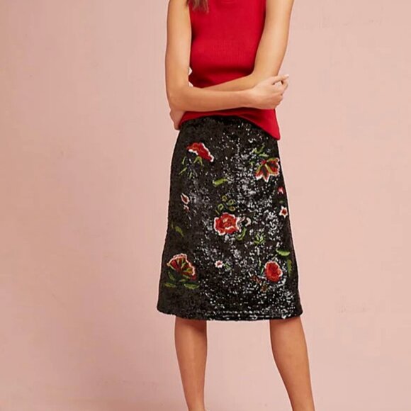 Anthropologie Sequin Floral Skirt 2 Black  A-Line Sparkly Cocktail Knee Length - Picture 7 of 10